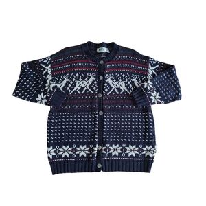 REI Vintage Men's Knit Dark Blue Fair Isle Cardigan Sweater Size M Unisex